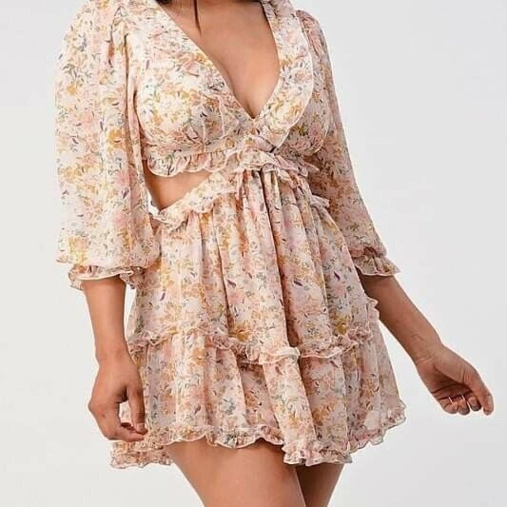 3/4 Sleeve Strappy Back Pink Floral Sexy Deep V-Neck Cut Out Mini Dress